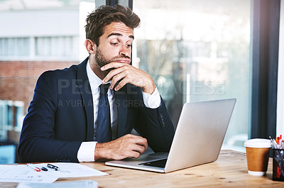 Buy stock photo Business man, stress and anxiety on computer news, feedback or review of finance report, corporate budget or risk. Crisis, problem and mistake, burnout or confused accountant person reading on laptop