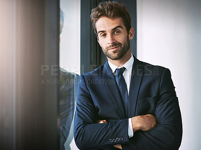 Buy stock photo Businessman, portrait and pride in office for real estate agency, startup company and realtor in workspace. Male person, happiness and career development for confident, professional and entrepreneur