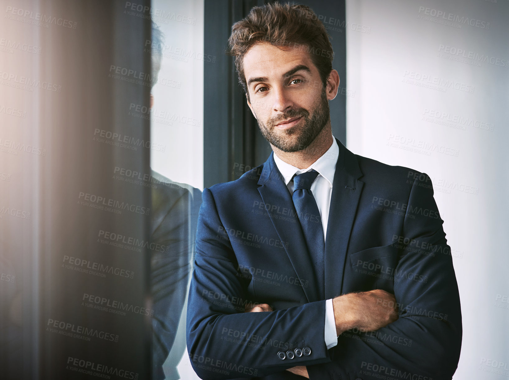Buy stock photo Businessman, portrait and pride in office for real estate agency, startup company and realtor in workspace. Male person, happiness and career development for confident, professional and entrepreneur