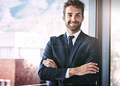 Buy stock photo Arms crossed, portrait and smile with business man at window in professional office corporate career. Confident, glass and suit with happy young employee proud of job in workplace for company growth