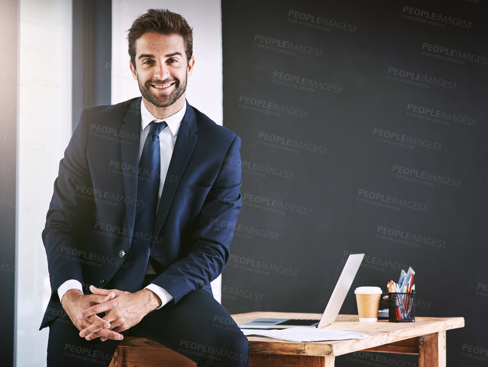Buy stock photo Business, portrait and happy man in office for professional mindset, confidence and career management with space. Corporate employee, boss or person on workplace desk for planning with smile for job