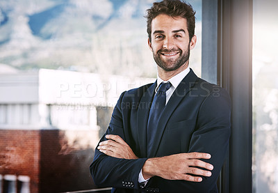 Buy stock photo Arms crossed, portrait and smile with employee man at window in professional office corporate career. Confident, glass and suit with happy young business person proud of job in company workplace