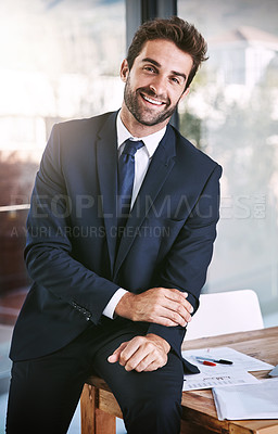 Buy stock photo Bookkeeping, portrait and smile with business man in professional office for advice or consulting. Accounting, asset management or finance with happy young broker in workplace for financial wealth