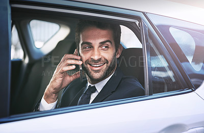 Buy stock photo Phone call, travel and business man in car, thinking and speaking on journey. Cellphone, taxi and male professional calling, smile and communication, discussion or conversation in motor transport.