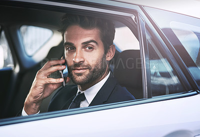 Buy stock photo Phone call, travel and business man in car, thinking and speaking on journey. Cellphone, taxi and male professional calling, listening and communication, discussion or conversation in motor transport