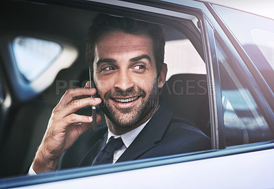 Buy stock photo Phone call, happy and business man in car, thinking and speaking on journey. Cellphone, taxi and male professional calling, smile and communication, discussion or conversation in transport to travel.