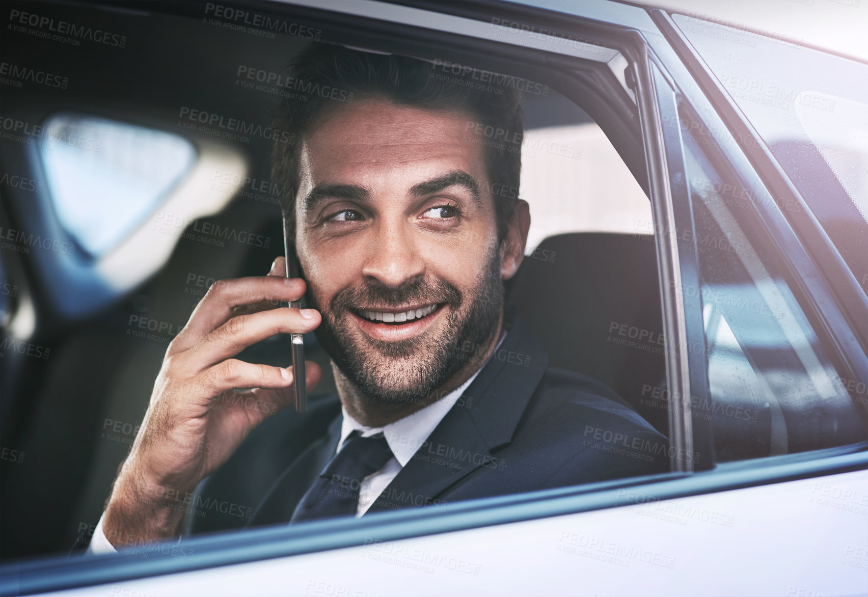 Buy stock photo Phone call, happy and business man in car, thinking and speaking on journey. Cellphone, taxi and male professional calling, smile and communication, discussion or conversation in transport to travel.