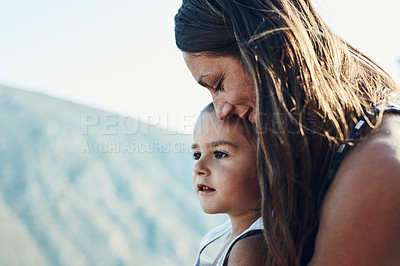 Buy stock photo Smile, hug and mother with child for bonding, connection and family time together outdoor. Happy, relax and mom holding and embracing boy kid with care, love and sweet moment in backyard of home.