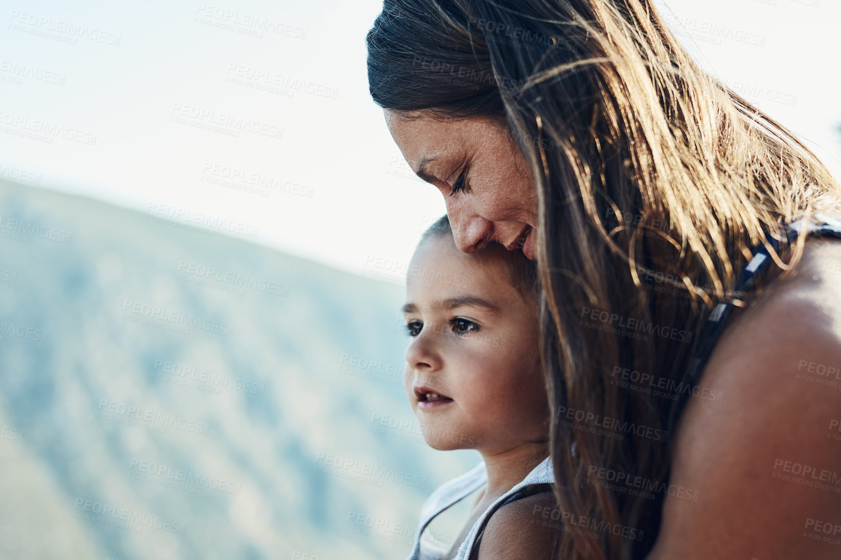 Buy stock photo Smile, hug and mother with child for bonding, connection and family time together outdoor. Happy, relax and mom holding and embracing boy kid with care, love and sweet moment in backyard of home.