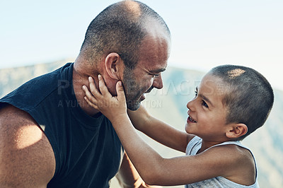 Buy stock photo Outdoor, son and talk to papa in nature, security and love for father on holiday in Switzerland. Dad, boy speaking and trust parent for attention or affection, conversation and support kid with care