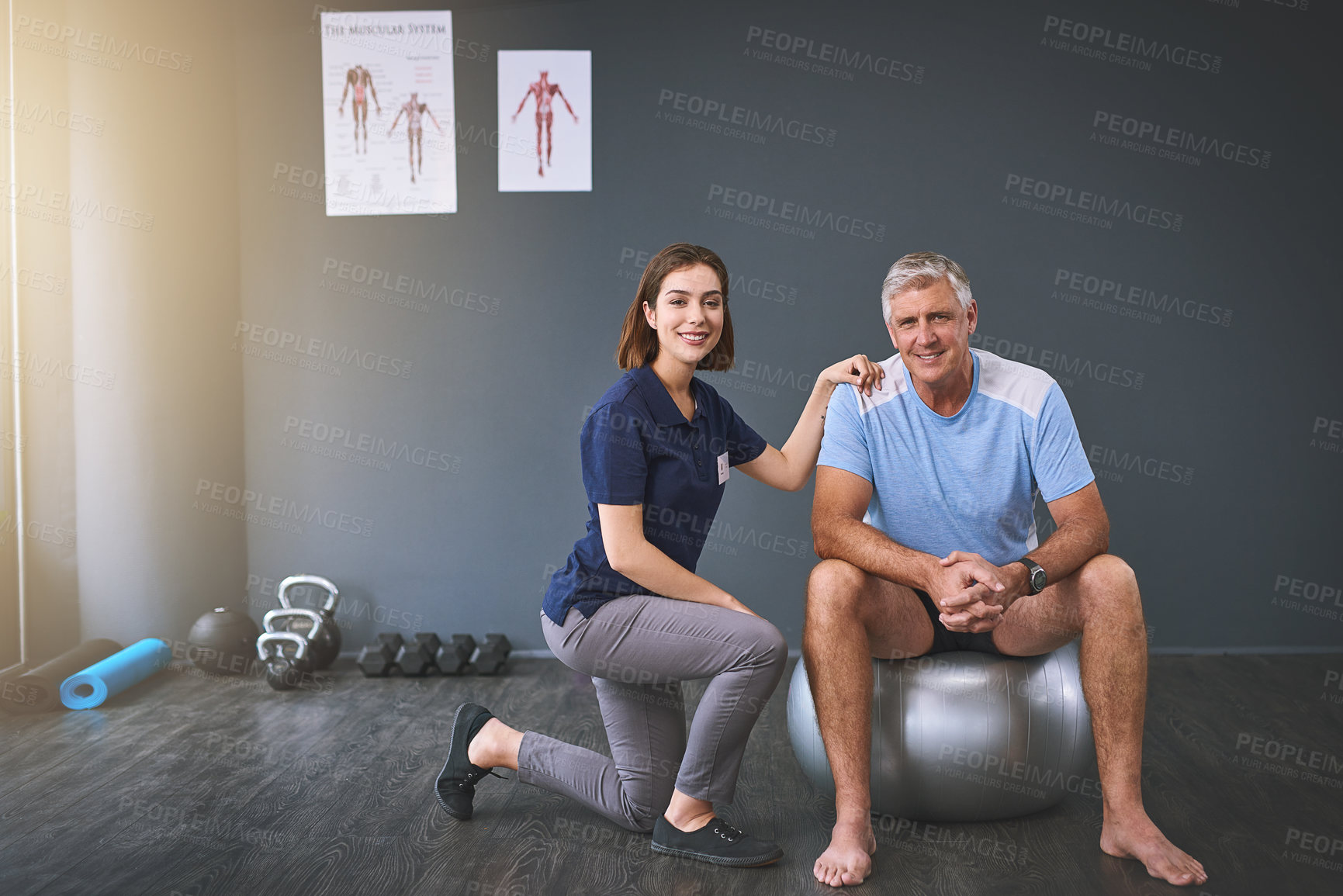 Buy stock photo Full length portrait of a female physician working with a senior male patient