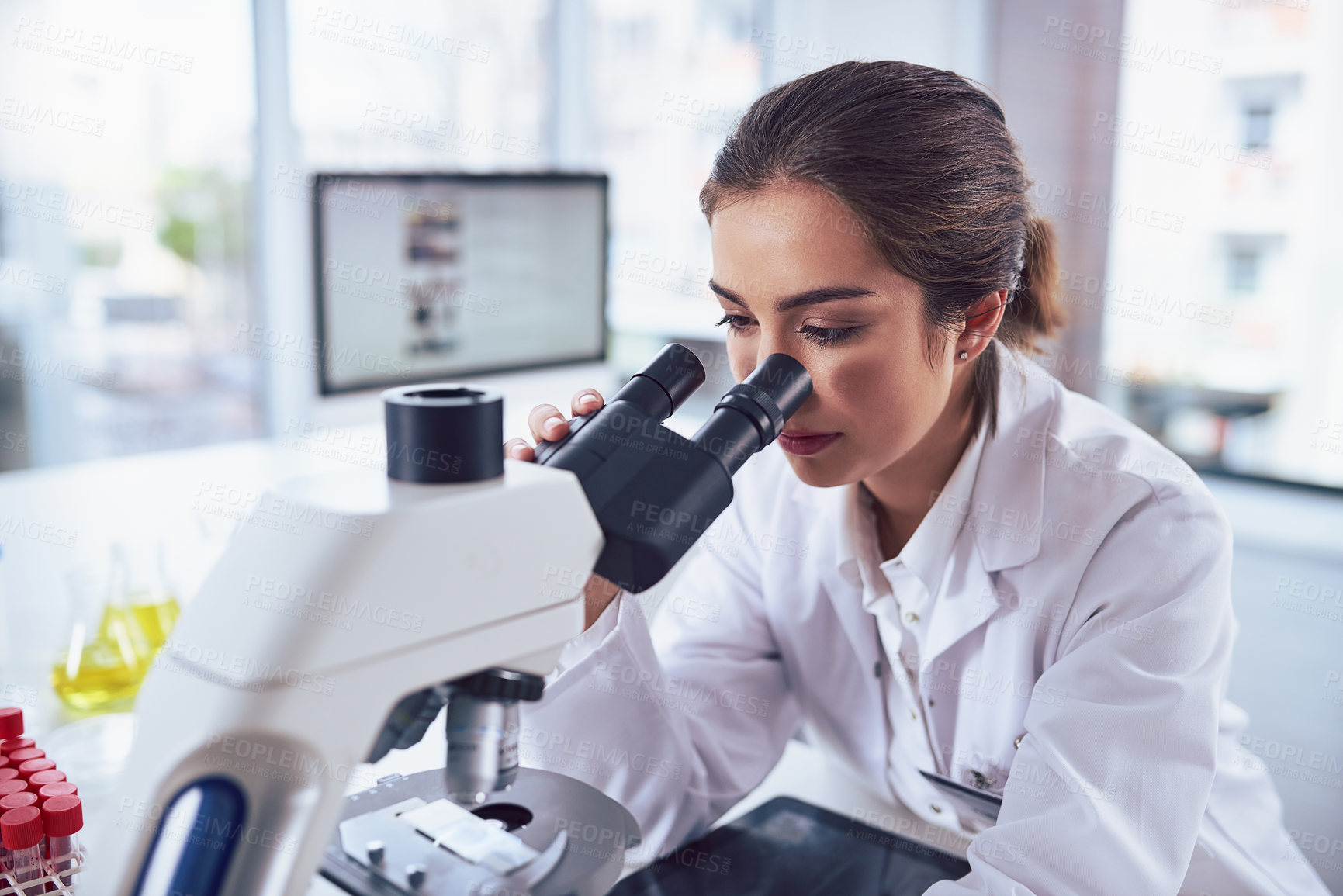 Buy stock photo Research, scientist and woman with a microscope, laboratory and experiment for results, cure and healthcare. Female person, science and researcher with lab equipment, sample analysis and medicine