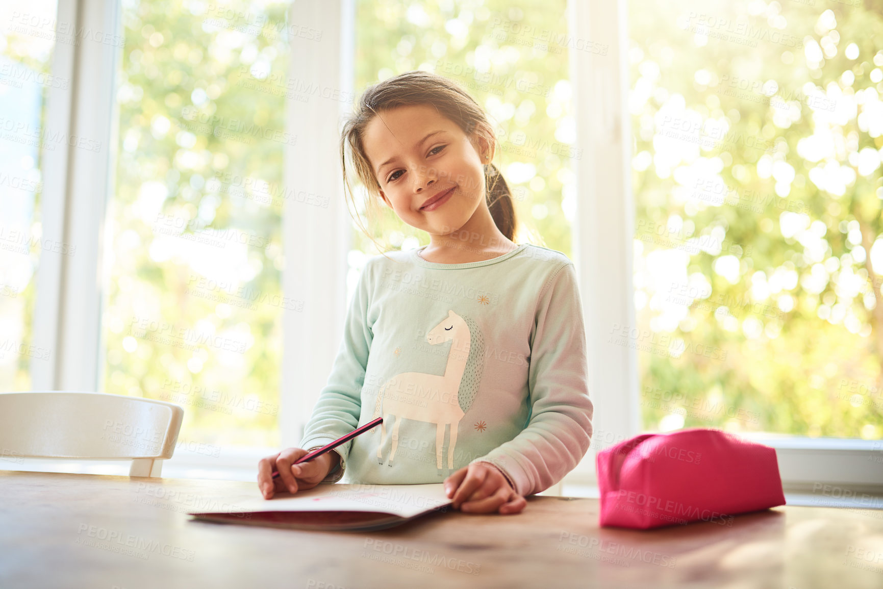 Buy stock photo Happy, notebook and portrait of child with homework for education, learning or development in house. Smile, kid and girl student with assignment, project or studying for private school admission test