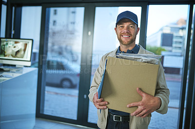 Buy stock photo Shot of a young man making a home delivery