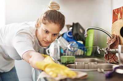 Buy stock photo Woman, kitchen and cleaning counter with cloth in home for hygiene, housework or housekeeping service for safety. Chores, table surface and maid with rag to wipe dirt, dust and bacteria in apartment
