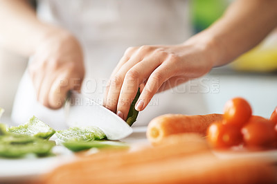 Buy stock photo Cooking, hands and knife for vegetables on kitchen counter in home for diet, health or nutrition. Chef, food recipe and natural ingredients with person preparing organic meal for dinner or wellness