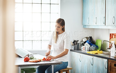 Buy stock photo Cooking, kitchen and woman with cutting, vegetables and recipe book. Preparing, healthy meal and home in nutrition, vegetarian and organic or ingredients, food, and diet for wellness, dinner or lunch