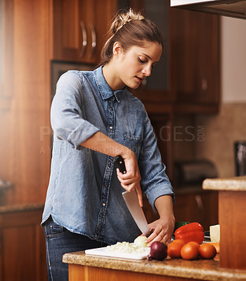 Buy stock photo Knife, vegetables and woman cutting in kitchen for organic ingredients, healthy meal or salad in home. Lens flare, nutrition and vegetarian for diet, prepare dinner or cooking with fresh produce