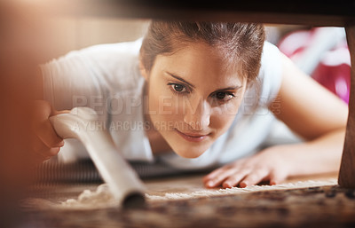 Buy stock photo Woman, vacuum and cleaning carpet in home for hygiene, housework or housekeeping service for safety. Chores, maid and electrical machine to suck dirt, dust and bacteria on floor with face closeup