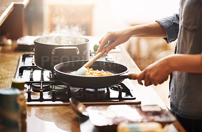 Buy stock photo Cooking, kitchen and woman with food in a pan for lunch, dinner or supper in a modern house. Diet, wellness and closeup of a female person preparing a healthy meal in a pot on a stove at her home.
