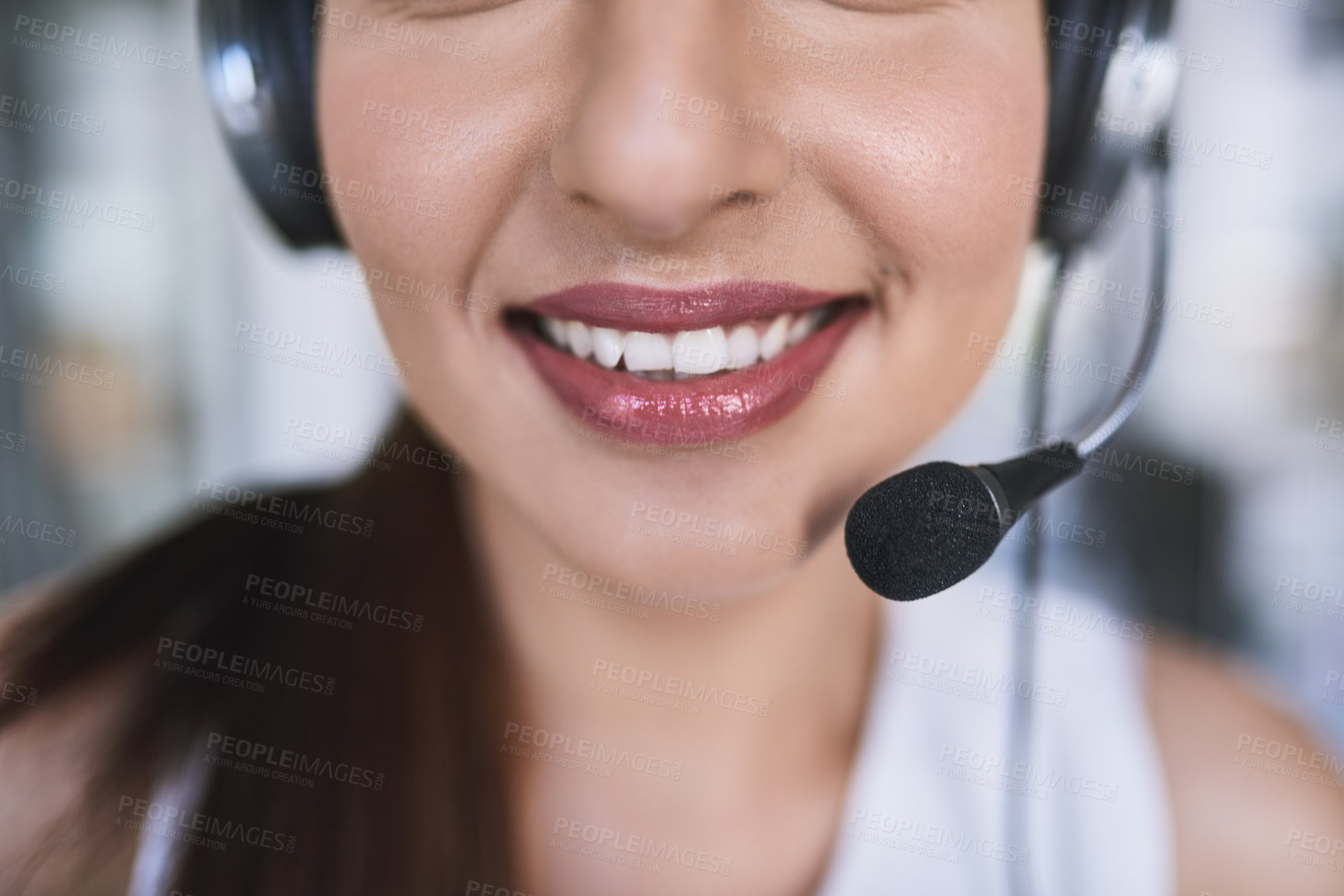 Buy stock photo Cropped shot of a cheerful unrecognizable businesswoman talking to customer using a headset