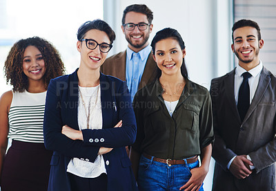 Buy stock photo Business people, team and happy with portrait in office of legal agency, bureau and professional in workplace. Man, women and management of department in attorney firm, tax law and leadership