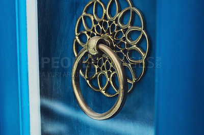 Buy stock photo Close-up of a door knocker on a wooden door