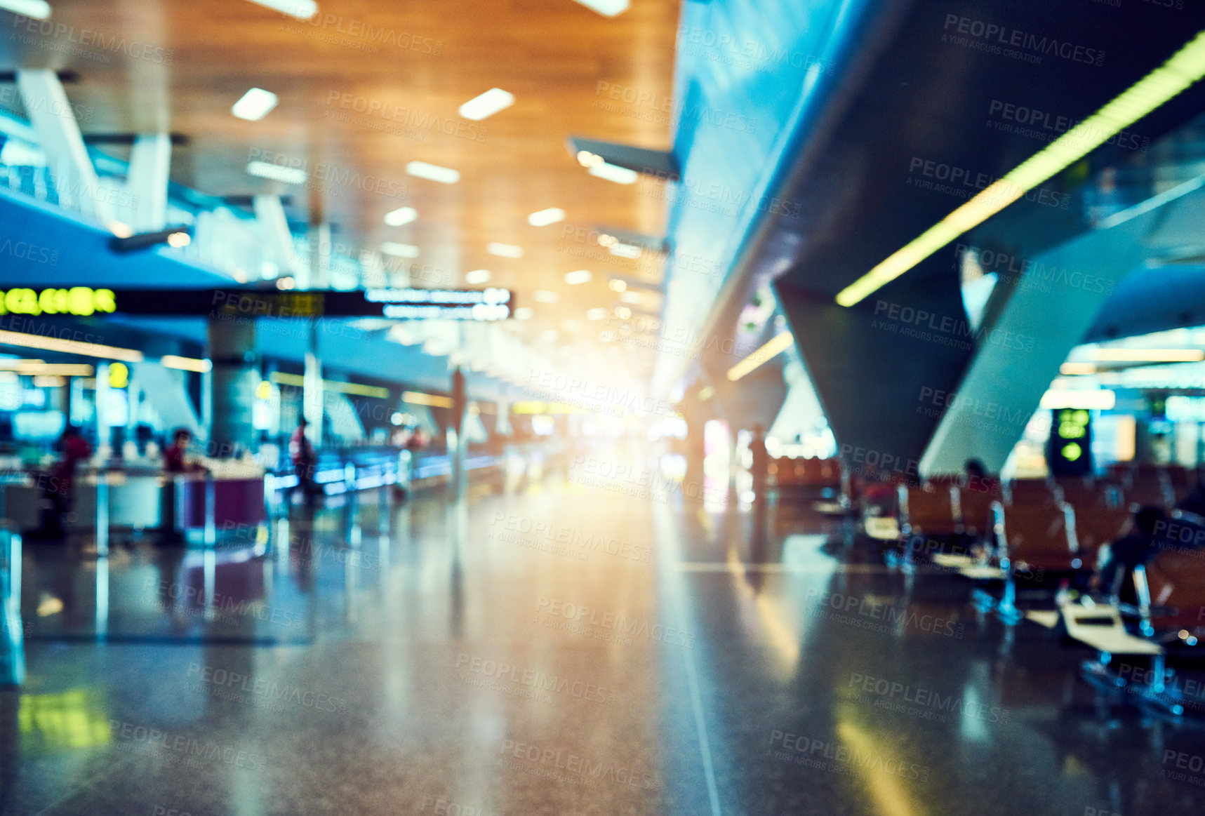 Buy stock photo Empty, airport and lounge with path for departure, travel station or international flight terminals. Interior, waiting room or arrival area with light in aisle for boarding, seating or transportation