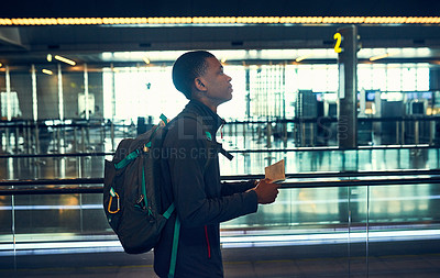 Buy stock photo Walking, passport and man in airport with backpack, luggage and move to California and immigration. Lobby, male person and airplane flight gate with international for journey, vacation or travel