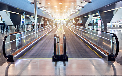 Buy stock photo Airport, people and moving sidewalk for passenger at terminal for boarding, traveling and flight. International, travelator and entrance for departure or arrival to holiday or tourist destination