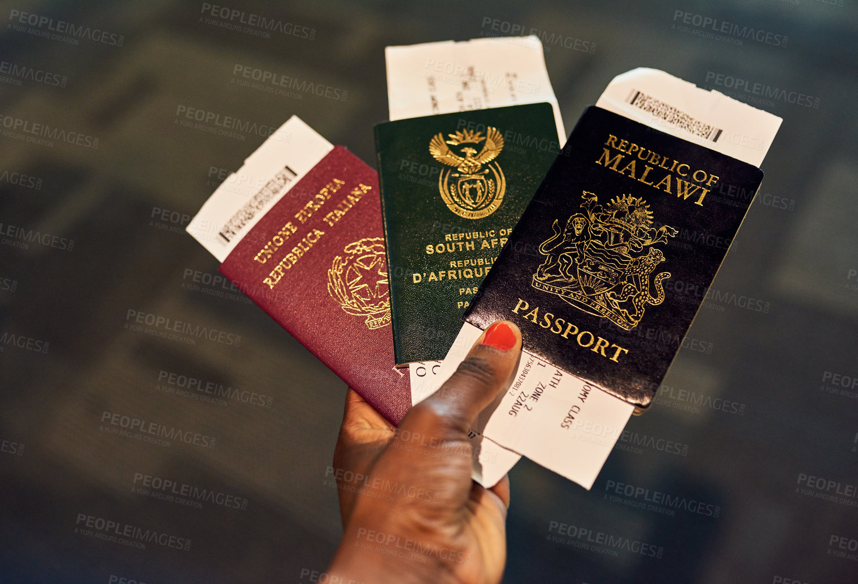 Buy stock photo Airport, travel and hands of person with passport for international, global trip and immigration. Traveller, tourism and boarding pass, documents and tickets for holiday, adventure and vacation