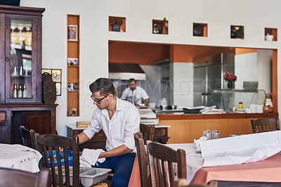 Buy stock photo Shot of men working at a restaurant