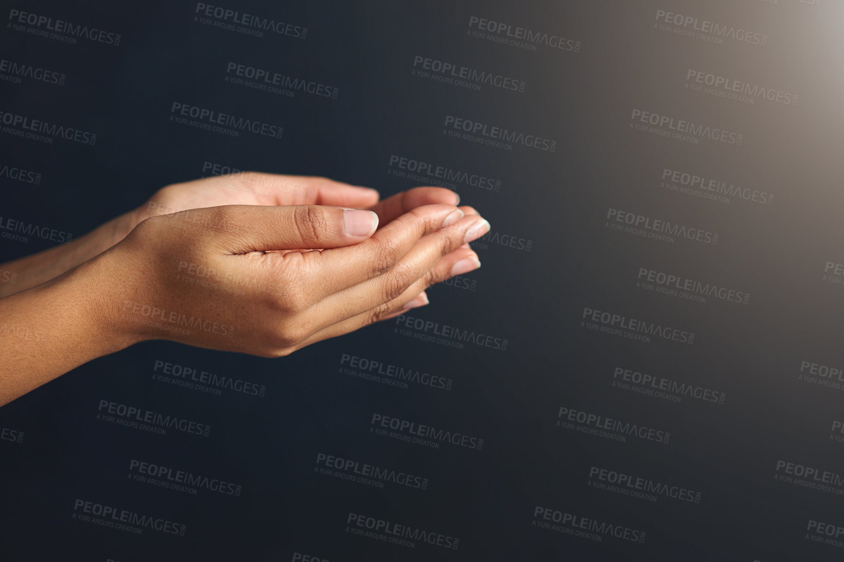 Buy stock photo Hands open, charity and begging in studio with poverty, asking and donation of a poor person. Gray background, mockup and economic crisis with woman holding hand and palm for care, aid and kindness