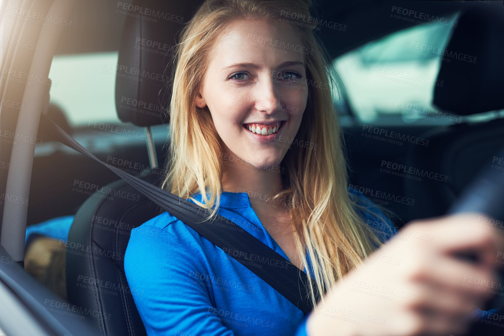 Buy stock photo Happy, portrait and woman driving car for travel, journey and transportation. Face, smile and female person in vehicle, automobile and motor transport driver for traveling, road trip drive and moving