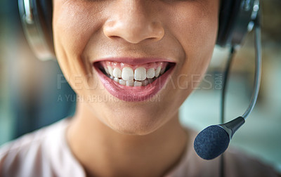 Buy stock photo Happy woman, teeth and smile in call center with headphones for customer service or telemarketing. Closeup of friendly female person or consultant agent mouth smiling with headset mic to contact us