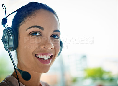 Buy stock photo Happy woman, call center and face portrait with headphones in customer service or telemarketing at office. Closeup of friendly female person or consultant agent smiling with headset mic in contact us