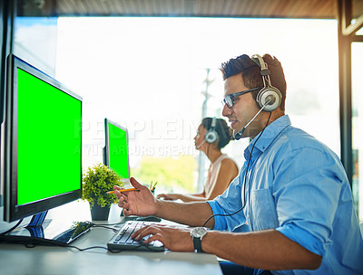 Buy stock photo Businessman, call center and consulting on green screen computer in customer service or telemarketing at office. Man person or consultant agent talking on mockup PC or chromakey display in contact us
