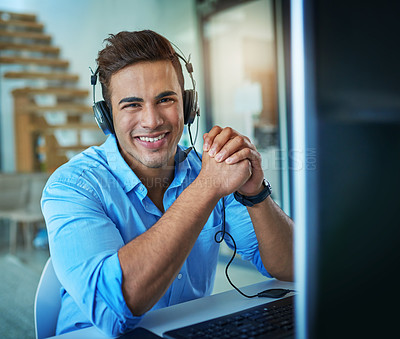 Buy stock photo Happy businessman, call center and portrait of consultant in customer service, support or telemarketing at office. Friendly man or consulting agent with smile and headphones by computer at workplace