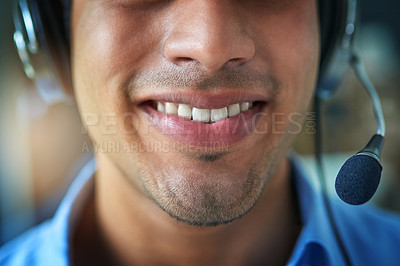 Buy stock photo Happy man, teeth and smile in call center with headphones for customer service or telemarketing. Closeup of friendly male person or consultant agent mouth smiling with headset mic in contact us