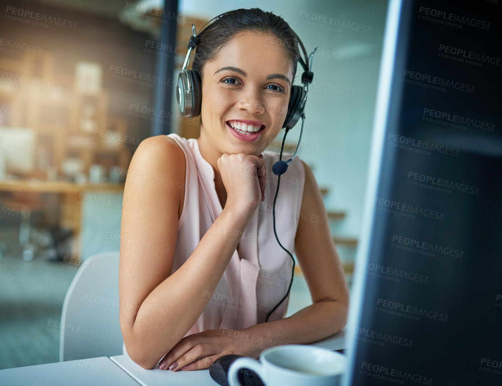 Buy stock photo Happy woman, call center and portrait smile for customer service, support or telemarketing at the office. Friendly female person, consultant or agent smiling for online advice, help or communication