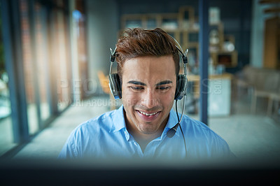 Buy stock photo Happy businessman, call center and consulting with headphones for customer service, support or telemarketing at office. Friendly man person or consultant agent smiling for online advice in contact us