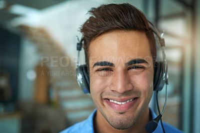 Buy stock photo Happy businessman, call center and portrait smile for customer service, support or telemarketing at the office. Friendly man person, face or consultant agent smiling for online advice in contact us