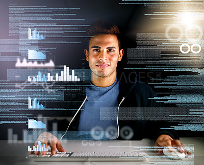 Buy stock photo Cropped shot of a handsome young male computer programmer working on new code