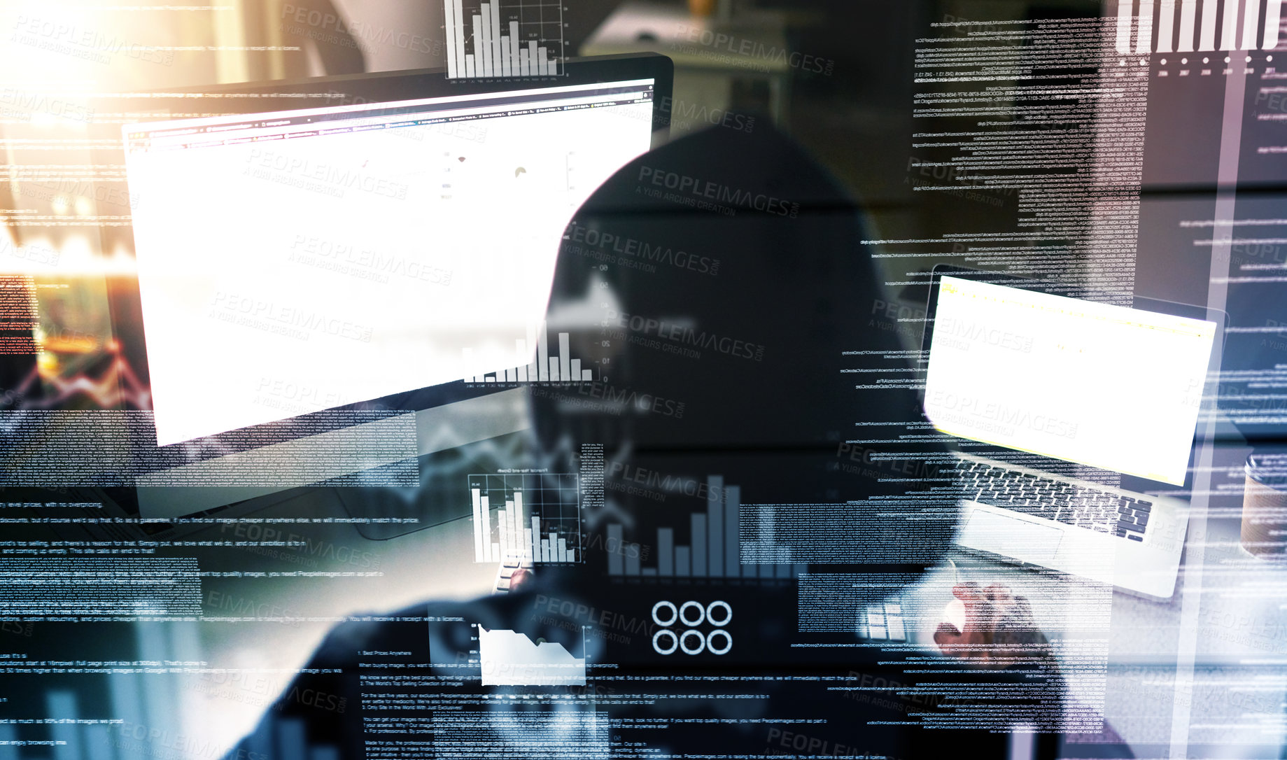 Buy stock photo Rearview shot of an unrecognizable male computer programmer working on new code