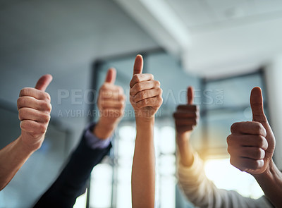 Buy stock photo Closeup of business people showing thumbs up hand sign in a modern office. Diverse group of colleagues show positive emoji in support of success. Crowd of employees celebrate team performance.