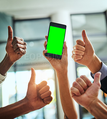 Buy stock photo Green screen, copy space and chroma key on phone and thumbs up hand sign, gesture and symbol for website, marketing or promotion. Closeup of business people hands supporting new office networking app