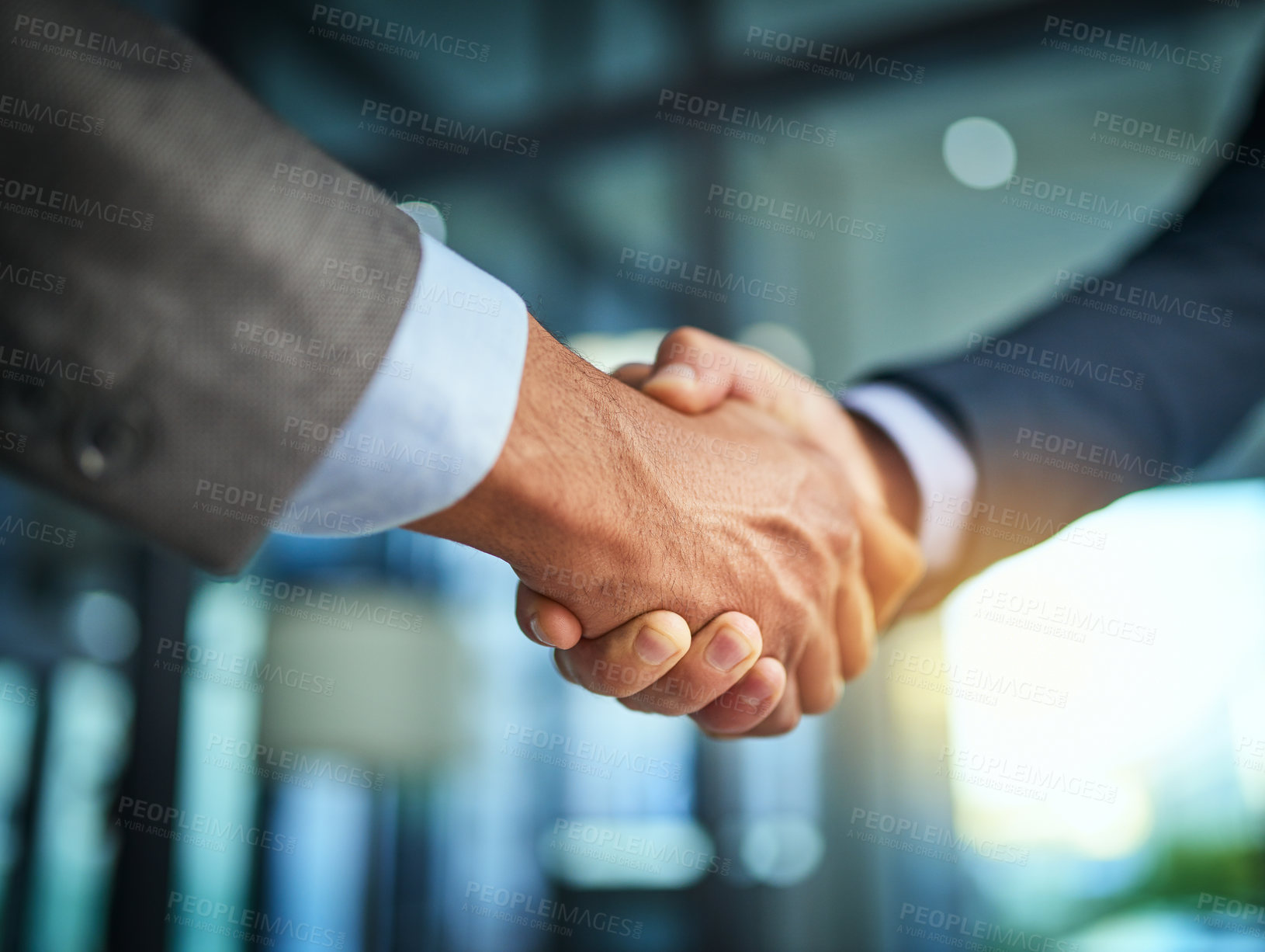 Buy stock photo Handshake, collaboration and businessmen celebrating and congratulating on success for a sealed deal. HR manager hiring employee after successful interview. Hands of partners shaking on agreement