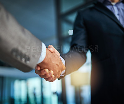 Buy stock photo Handshake, teamwork and collaboration with businessmen congratulating with hand gesture on success for a sealed deal or agreement. HR manager hiring employee or partner after a successful interview