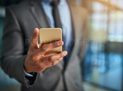 Buy stock photo Business, phone and hand of a professional man typing a message, browsing online and using a mobile app to communicate. Closeup of male entrepreneur using internet and social media for marketing