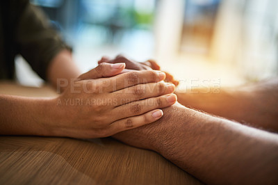 Buy stock photo Nurse or psychologist holding hands with man showing support, care and love for grief, illness or loss. People hand touching, showing empathy, compassion and comfort during counseling session closeup